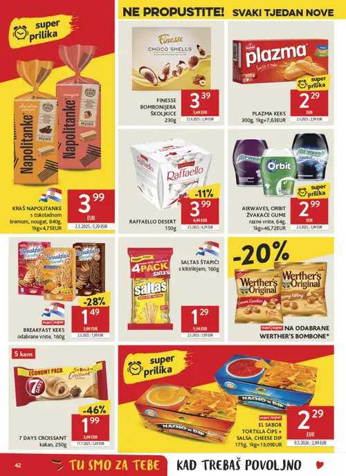 Konzum katalog — stranica 42: 7 DAYS CROISSANT kakao, BREAKFAST KEKS odabrane vrste, KRAŠ NAPOLITANKE s čokoladnom kremom, nougat, EL SABOR TORTILLA ČIPS + SALSA, CHEESE DIP (vrijedi 23. 09. 2026.–29. 09. 2026.)