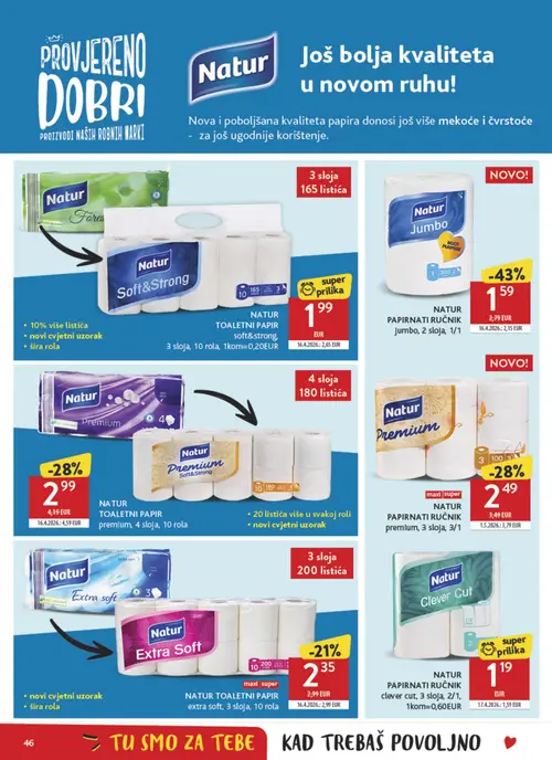 Konzum katalog — stranica 46: NATUR PAPIRNATI RUČNIK Jumbo, 2 sloja, 1/1, NATUR PAPIRNATI RUČNIK premium, 3 sloja, 3/1, Natur NA TUR TOALETNI PAPIR premium, 4 sloja, 10 rola, NATUR PAPIRNATI RUČNIK clever cut, 3 sloja, 2/1 (vrijedi 23. 09. 2026.–29. 09. 2026.)