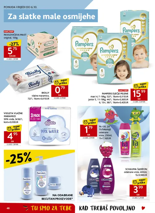 Konzum katalog — stranica 48: FA GEL ZA TUŠIRANJE, PAMPERS DJEČJE PELENE, VIOLETA VLAŽNE MARAMICE, SCHAUMA ŠAMPON (vrijedi 23. 09. 2026.–29. 09. 2026.)