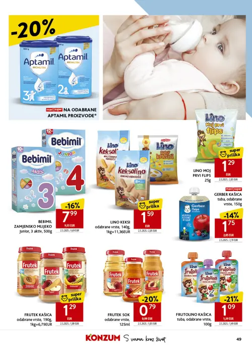 Konzum katalog — stranica 49: LINO MOJ PRVI FLIPS, FRUTEK KAŠICA odabrane vrste, FRUTOLINO KAŠICA tuba, odabrane vrste, FRUTEK SOK odabrane vrste (vrijedi 23. 09. 2026.–29. 09. 2026.)