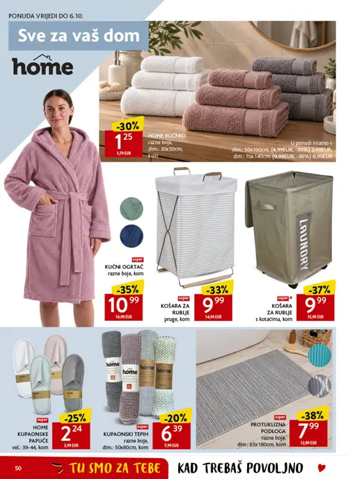 Konzum katalog — stranica 50: PROTUKLIZNA PODLOGA razne boje, KOŠARA ZA RUBLJE s kotačima, home Kućni ogrtač razne boje, KOŠARA ZA RUBLJE pruge (vrijedi 23. 09. 2026.–29. 09. 2026.)