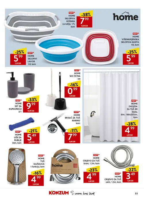 Konzum katalog — stranica 51: HOME SKLOPIVA KOŠARA za rublje, 17L, kom, HOME SET ZA KUPAONICU 3/1, HOME ZAVJESA ZA TUŠ 3D bijela, dim.: 180x200cm, kom, HOME SKLOPIVI LAVOR 10L, kom (vrijedi 23. 09. 2026.–29. 09. 2026.)