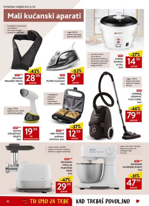 Konzum katalog — stranica 52: HOME PUTNO GLAČALO, DELIMANO STROJ ZA MLJEVENJE MESA, GORENJE USISAVAČ VCE21G4EBK, WELLNEO MASAŽER VRATA (vrijedi 23. 09. 2026.–29. 09. 2026.)