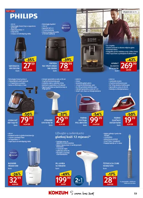 Konzum katalog — stranica 53: PHILIPS PARNA POSTAJA PSG 3001/30, PHILIPS PARNO GLAČALO DST2010/40, PHILIPS USISAVAČ XB1142/10, PHILIPS IPL LMEA SC1994/00 (vrijedi 23. 09. 2026.–29. 09. 2026.)