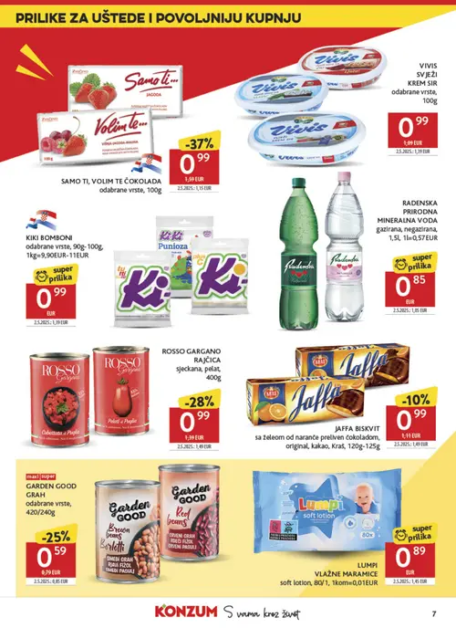 Konzum katalog — stranica 7: LUMPI VLAŽNE MARAMICE soft lotion, SAMO TI, VOLIM TE ČOKOLADA odabrane vrste, KRAS JAFFA BISKVIT sa želeom od naranče preliven čokoladom, original, kakao, ROSSO GARGANO RAJČICA sjeckana, pelat (vrijedi 23. 09. 2026.–29. 09. 2026.)