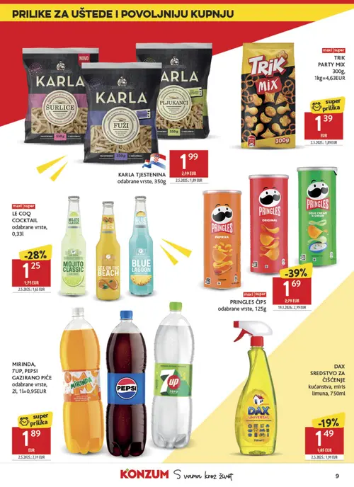 Konzum katalog — stranica 9: PRINGLES ČIPS odabrane vrste, 125g, LE COQ COCKTAIL odabrane vrste, 0,33l, TRIK PARTY MIX (vrijedi 23. 09. 2026.–29. 09. 2026.)