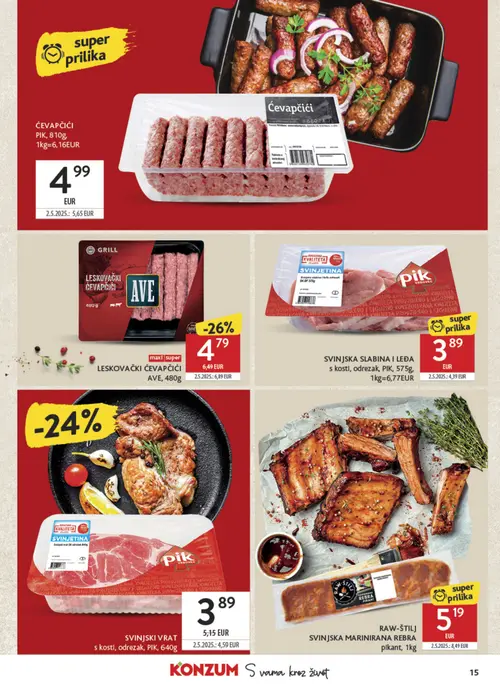 Konzum katalog — stranica 15: RAW-ŠTILJ SVINJSKA MARINIRANA REBRA plkant, AVE LEŠKOVAČKI ĆEVAPČIČI AVE (vrijedi 30. 09. 2026.–06. 10. 2026.)