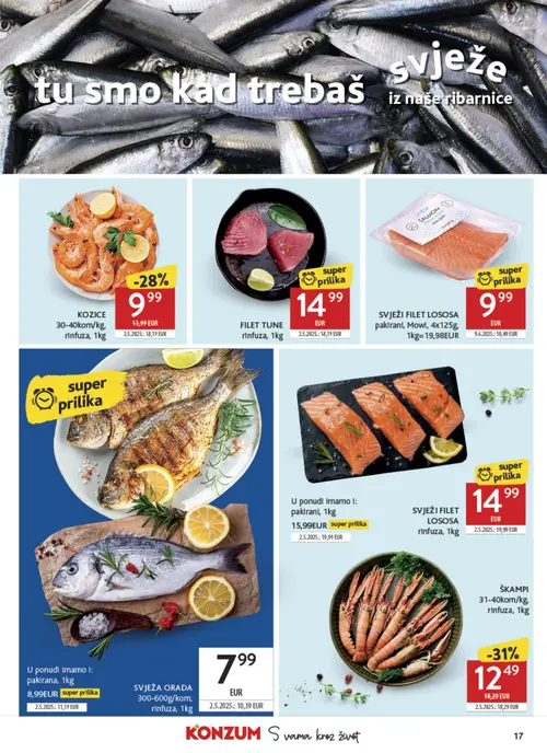Konzum katalog — stranica 17: ŠKAMPI 31-40kom/kg, rinfuza, KOZICE 30-40kom/kg, rinfuza, SVJEŽA ORADA 300-600g/kom, rinfuza, pakirani, 1kg (vrijedi 30. 09. 2026.–06. 10. 2026.)