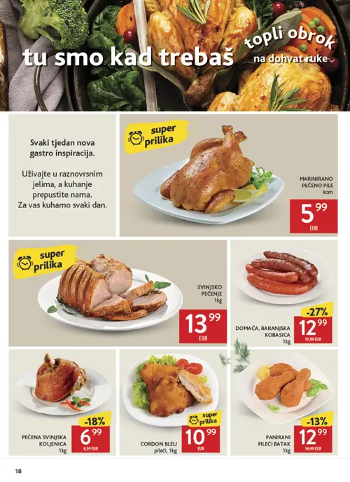Konzum katalog — stranica 18: Domaća, baranjska kobasica, PEČENA SVINJSKA KOLJENICA (vrijedi 30. 09. 2026.–06. 10. 2026.)