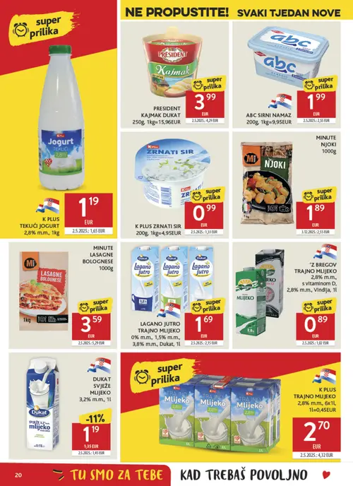 Konzum katalog — stranica 20: K PLUS TRAJNO MLIJEKO 2,8% m.m., 6x1l, MINUTE LASAGNE BOLOGNESE, K PLUS TEKUĆI JOGURT 2,8% m.m., MINUTE NJO KI (vrijedi 30. 09. 2026.–06. 10. 2026.)