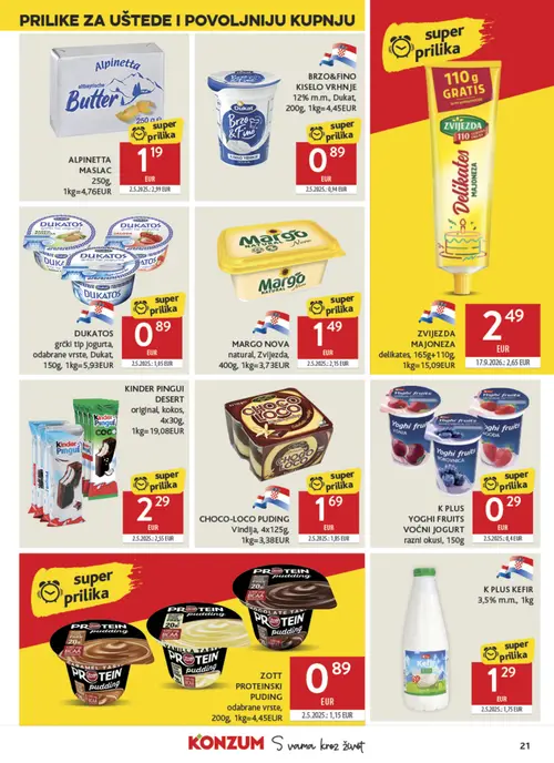 Konzum katalog — stranica 21: Alpineta maslac, Margo Nova natural, K Plus Yoghi fruits voćni jogurt razni okusi, K Plus kefir (vrijedi 30. 09. 2026.–06. 10. 2026.)
