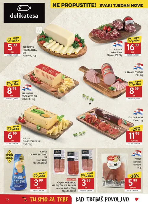 Konzum katalog — stranica 24: ALPINETTA MOZZARELLA SIR polutvrdi, 1kg, Pik ŠUNKA U OVITKU PIK, 1kg, K PLUS EMMENTALER SIR tvrdi, 1kg, PRESIDENT PODRAVEC SIR polutvrdi, 1kg (vrijedi 30. 09. 2026.–06. 10. 2026.)