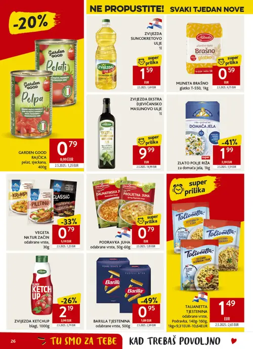 Konzum katalog — stranica 26: BARILLA TJESTENINA odabrane vrste, 500g, Zlato Polje Riža za domaća jela, 1kg, TALIANETTA TJESTENINA odabrane vrste, Podravka, 140g- 160g, VEGETA NA TUR ZAČIN odabrane vrste, 30g (vrijedi 30. 09. 2026.–06. 10. 2026.)
