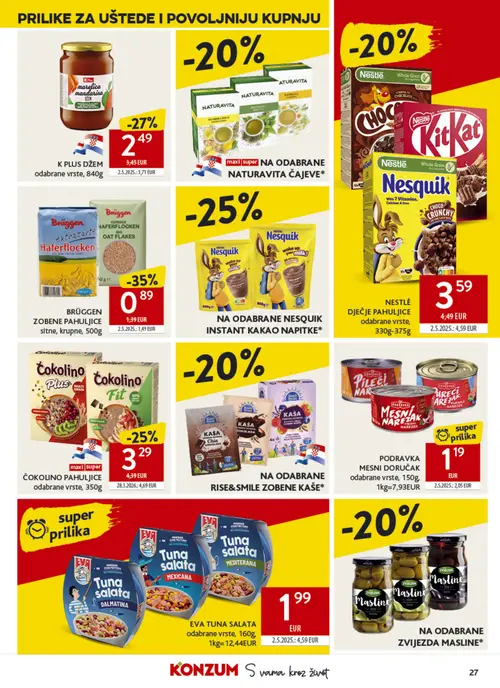 Konzum katalog — stranica 27: EVA TUNA SALATA odabrane vrste, PODRAVKA MESNI DOKRAČAK odabrane vrste, BRÜGGEN zobene pahuljice sitne, krupne, K PLUS DŽEM odabrane vrste (vrijedi 30. 09. 2026.–06. 10. 2026.)
