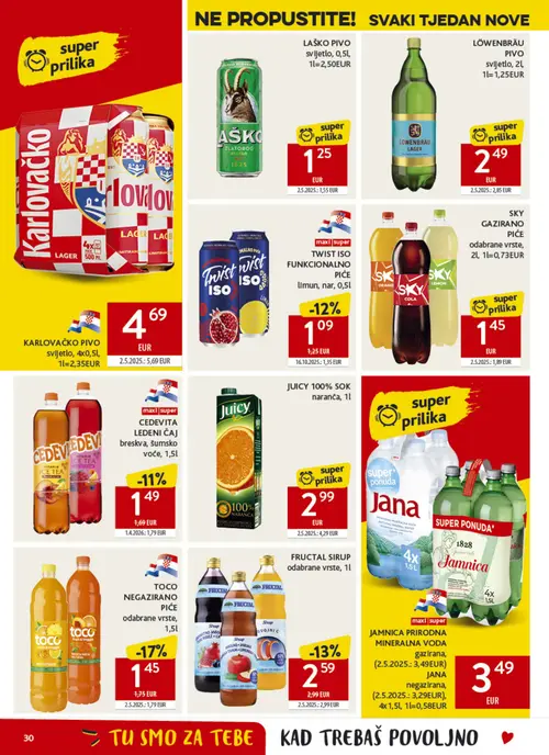 Konzum katalog — stranica 30: JUICY 100% SOK naranča, SKY GAZIRANO PIĆE odabrane vrste, LAŠKO PIVO svijetlo, KARLOVAČKO PIVO svijetlo (vrijedi 30. 09. 2026.–06. 10. 2026.)