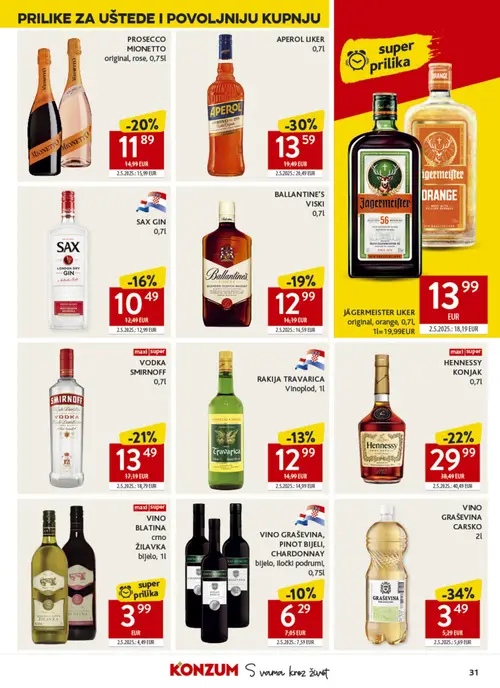 Konzum katalog — stranica 31: VINO GRAŠEVINA CARSKO 2l, APEROL LIKER 0,7l, JÄGERMEISTER LIKER original, orange, 0,7l 1l=19,99EUR, HENNESSY KONJAK 0,7l (vrijedi 30. 09. 2026.–06. 10. 2026.)