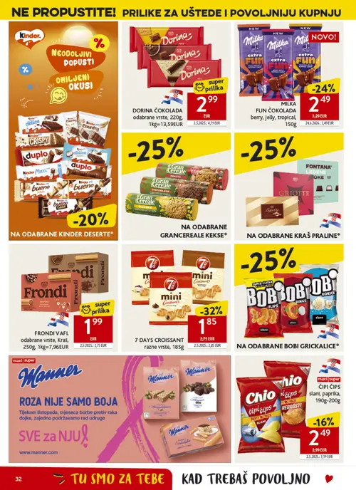 Konzum katalog — stranica 32: DORINA ČOKOLADA odabrane vrste, 7 DAYS CROISSANT razne vrste, MILKA FUN ČOKOLADA berry, Jelly, tropical, FRONDI VAFL odabrane vrste (vrijedi 30. 09. 2026.–06. 10. 2026.)