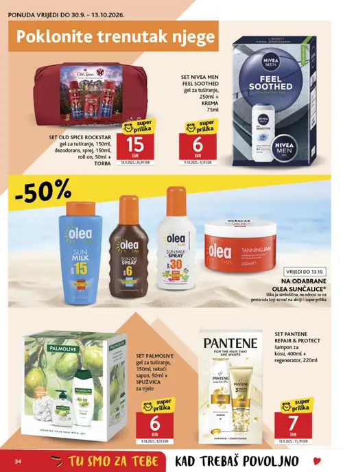 Konzum katalog — stranica 34: PANTENE SET PANTENE REPAIR & PROTECT šampon za kosu, 400ml + regenerator, 220ml, Old Spice SET OLD SPICE ROCKSTAR gel za tuširanje, 150ml, dezodorans, sprej, 150ml, roll on, 50ml + TORBA, NIVEA MEN SET NIVEA MEN FEEL SOOTHED gel za tuširanje, 250ml + KREMA 75ml, PALMOLIVE SET PALMOLIVE gel za tuširanje, 150ml, tekući sapun, 50ml + SPužvica za tijelo (vrijedi 30. 09. 2026.–06. 10. 2026.)