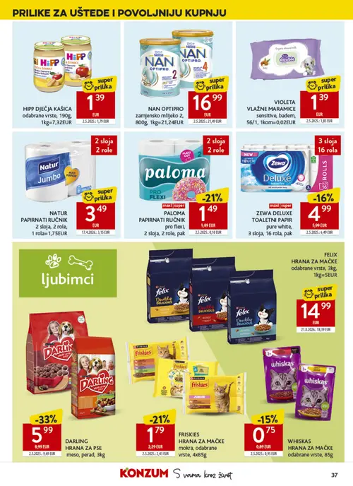 Konzum katalog — stranica 37: DARLING HRANA ZA PSE meso, perad, 3kg, FRISKIES HRANA ZA MAČKE mokra, odabrane vrste, 4x85g, VIOLETA VLAŽNE MARAMICE sensitive, badem, 56/1, HIPP DJEČJA KAŠICA odabrane vrste, 190g (vrijedi 30. 09. 2026.–06. 10. 2026.)