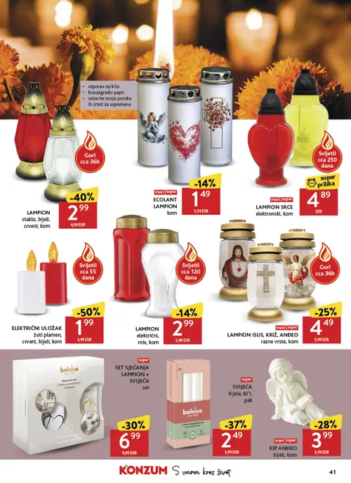 Konzum katalog — stranica 41: ELEKTRIČNI ULOŽAK žuti plamen, crveni, bijeli, kom, LAMPION staklo, bijeli, crveni, kom, SVIJEĆA bijela, 8/1, pak, SET SJEČANJA LAMPION + SVIJEĆA set (vrijedi 30. 09. 2026.–06. 10. 2026.)