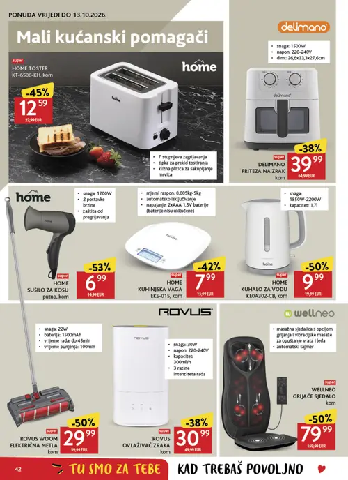 Konzum katalog — stranica 42: HOME SUŠILO ZA KOSU putno, ROVUS WOOM ELEKTRIČNA METLA, HOME KUHALO ZA VODU KEOA302-CB, WELLNEO GRIJAĆE SJEDALO (vrijedi 30. 09. 2026.–06. 10. 2026.)