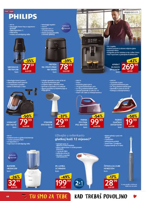 Konzum katalog — stranica 44: PHILIPS PARNA POSTAJA PSG 3001/30, PHILIPS USISAVAČ XB1142/10, PHILIPS PARNO GLAČALO DST2010/40, PHILIPS IPL LUME A SC1994/00 (vrijedi 30. 09. 2026.–06. 10. 2026.)