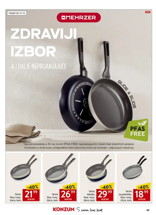 Konzum katalog — stranica 45: TAVA za palačinke, blue, Ivory, 25cm, kom, TAVA blue, Ivory, 24cm, kom, TAVA blue, Ivory, 28cm, kom, TAVA duboka, blue, Ivory, 28cm, kom (vrijedi 30. 09. 2026.–06. 10. 2026.)
