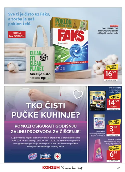Konzum katalog — stranica 47: FINISH TABLETE za strojno pranje posuđa, 54/1, pak, VANISH PRAŠAK za odstranjivanje mrlja, 470g, VANISH GEL za odstranjivanje mrlja, 500ml (vrijedi 30. 09. 2026.–06. 10. 2026.)