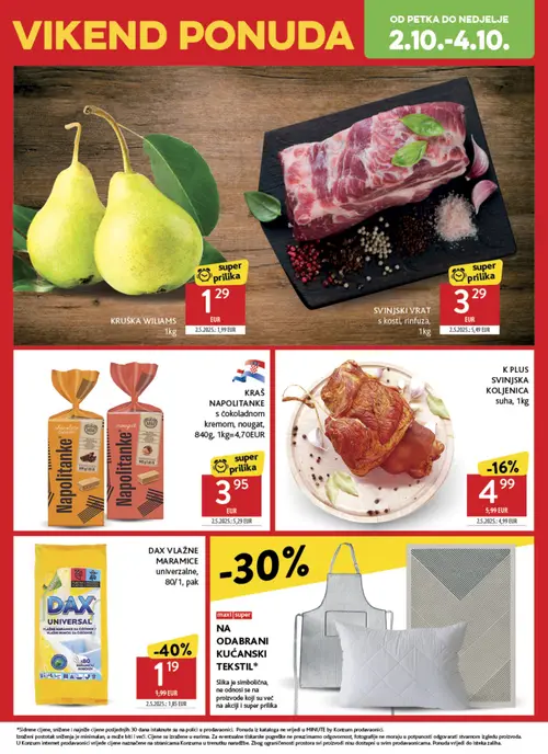 Konzum katalog — stranica 50: SVINJSKI VRAT s kosti, rinfuza, DAX VLAŽNE MARAMICE univerzalne, KRUŠKA WILIAMS, KRAŠ NAPOLITANKE s čokoladom kremom, nougat (vrijedi 30. 09. 2026.–06. 10. 2026.)