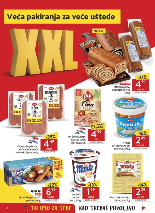 Konzum katalog — stranica 6: Sljeme ČAJNA, SRIJEMSKA, BEČKA KOBASICA narezak, MAKOVJAČA, OREHNJAČA XXL, PIK ŠUNKA FINA narezak, Ledo RIBLJI ŠTAPIĆI panirani (vrijedi 30. 09. 2026.–06. 10. 2026.)