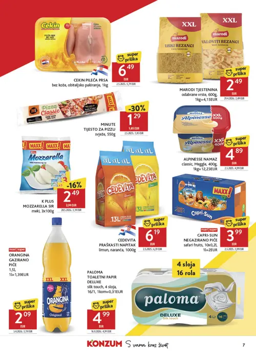 Konzum katalog — stranica 7: ORANGINA GAZIRANO PIĆE, MINUTE TIJESTO ZA PIZZU svježe, K PLUS MOZZARELLA SIR meki (vrijedi 30. 09. 2026.–06. 10. 2026.)