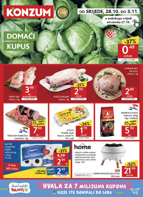 Konzum katalog — stranica 1: HOME DIFUZOR JELLYFISH V80, NATUR TOALETNI PAPIR soft&strong, 3 sloja, 165 listića, Običan pileći file, rinfuza, Gavrlović TIROLSKA KOBASICA Gavrilović (vrijedi 28.10.–03.11.2026.)