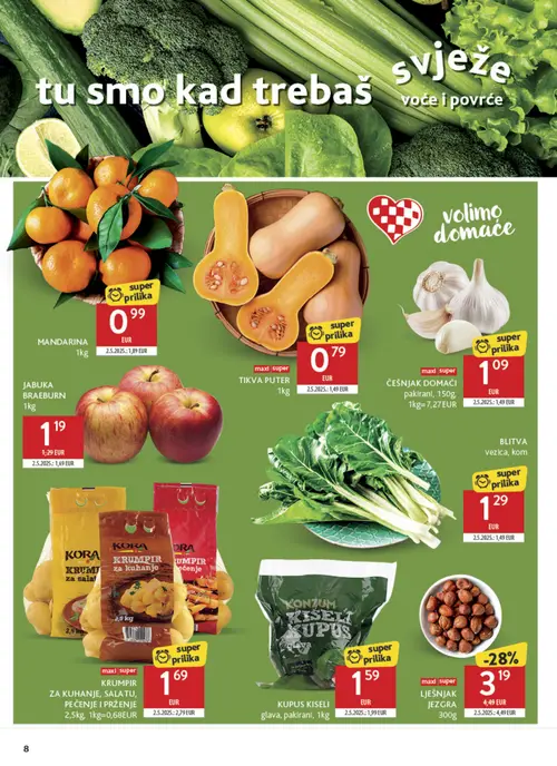 Konzum katalog — stranica 8: MANDARINA, TIKVA PUTER, KORA KRUMPIR ZA KUHANJE, SALATU, PEČENJE I PRŽENJE, JABUKA BRAEBURN (vrijedi 28.10.–03.11.2026.)