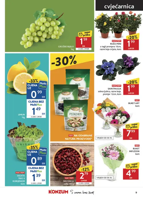Konzum katalog — stranica 9: GROŽĐE BIJELO, SALATA TRIO S KORIJENOM, LIMUN, BRUSNICA suha (vrijedi 28.10.–03.11.2026.)