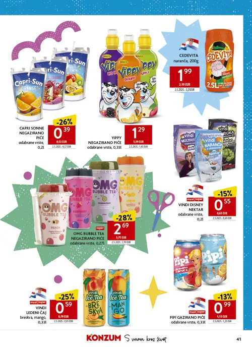 Konzum katalog — stranica 41: OMG BUBBLE TEA NEG…, odabrane vrste, 0,27l, CAPRI SONNE NEG…, odabrane vrste, 0,2l, VINDI LEDENI ČAJ breskva, mango, 0,33l (vrijedi 17. 08. 2026.–20. 09. 2026.)