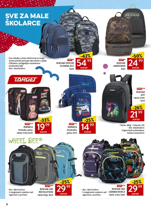 Konzum katalog — stranica 8: RUKSAK UNIPOWER, RUKSAK EXPLOR FLOWER 2U1, PERNICA trostruka, puna, razne vrste, RUKSAK JOY razne vrste (vrijedi 17. 08. 2026.–20. 09. 2026.)