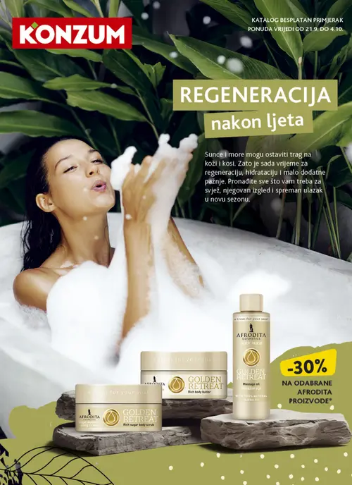 Konzum katalog — stranica 1: AFRODITA COSMETICS BODY HUGS Masažno ulje, AFRODITA COSMETICS GOLDEN RETREAT Rich sugar body scrub, AFRODITA COSMETICS GOLDEN RETREAT Rich body butter (vrijedi 21. 09. 2026.–04. 10. 2026.)