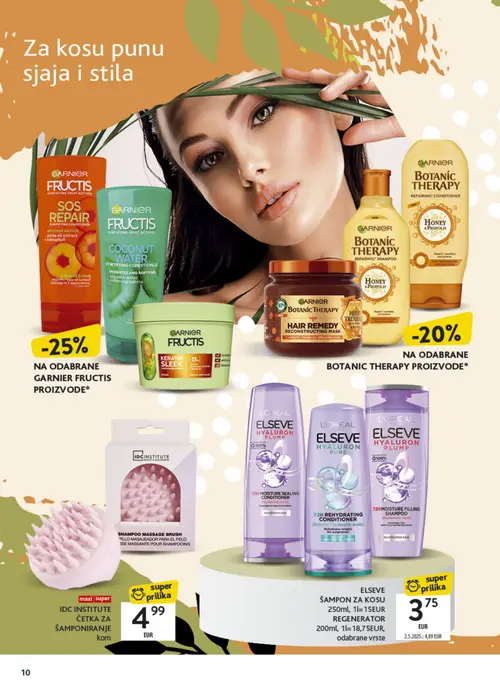 Konzum katalog — stranica 10: ELSEVE ŠAMPON ZA KOSU 250ML, 1L = 15EUR REGENERATOR 200ML, 1L = 18,75EUR, IDC INSTITUTE ČETKA ZA ŠAMPONIRANJE (vrijedi 21. 09. 2026.–04. 10. 2026.)