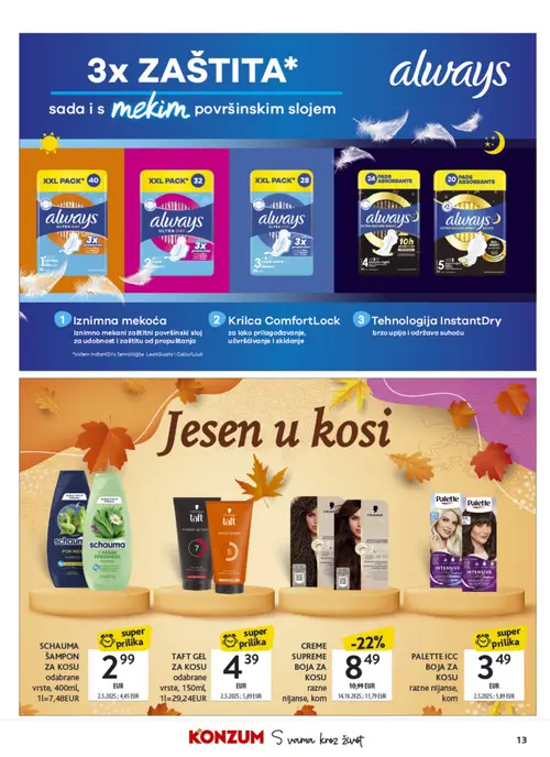 Konzum katalog — stranica 13: Palette ICC boja za kosu razne nijanse, Schauma Šampon za kosu odabrane vrste, Taft Gel za kosu odabrane vrste, Creme Supreme boja za kosu razne nijanse (vrijedi 21. 09. 2026.–04. 10. 2026.)