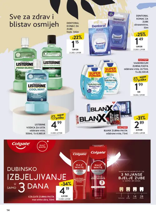 Konzum katalog — stranica 14: BLANX ZUBNA PASTA, COLGATE ZUBNA PASTA max white ultra, LISTERINE VODICA ZA USTA, DENTORAL KONAC ZA ZUBE ultrasensitive (vrijedi 21. 09. 2026.–04. 10. 2026.)