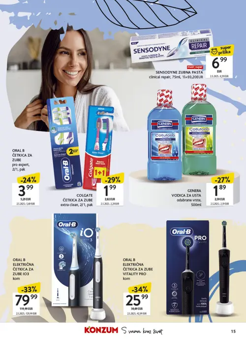 Konzum katalog — stranica 15: ORAL B ELEKTRIČNA ČETKICA ZA ZUBE VITALITY PRO, ORAL B ELEKTRIČNA ČETKICA ZA ZUBE iO3, ORAL B ČETKICA ZA ZUBE, COLGATE ČETKICA ZA ZUBE extra clean (vrijedi 21. 09. 2026.–04. 10. 2026.)