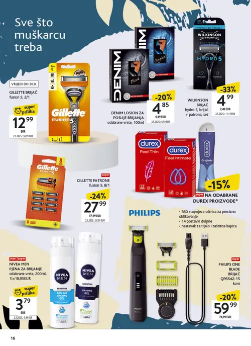 Konzum katalog — stranica 16: Wilkinson Sword Hydro 5, brijač + patrona, set, Gillette brijač fusion 5, 2/1, NIVEA MEN PJENA ZA BRIJANJE odabrane vrste, Gillette Patrone fusion 5 (vrijedi 21. 09. 2026.–04. 10. 2026.)