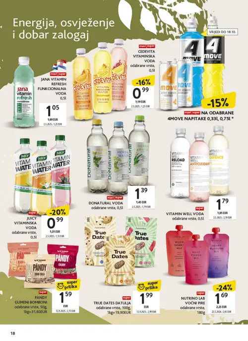 Konzum katalog — stranica 18: TRUE DATES DATULJA odabrane vrste, NUTRINO LAB VOĆNI PURE odabrane vrste, PANDY GUMENI BOMBONI odabrane vrste, DONATURAL VODA odabrane vrste (vrijedi 21. 09. 2026.–04. 10. 2026.)