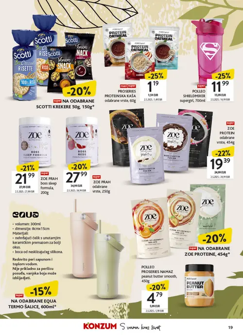 Konzum katalog — stranica 19: SCOTTI KREKERE 50g, 150g*, ZOE PROTEIN odabrane vrste, 454g*, ZOE PRAH boss sleep formula, 200g, ZOE BOSS SLEEP FORMULA (vrijedi 21. 09. 2026.–04. 10. 2026.)