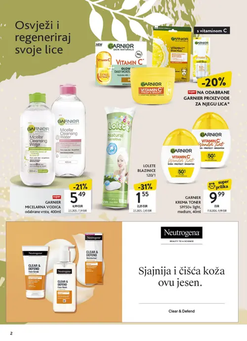 Konzum katalog — stranica 2: LOLETE BLAZINICE, GARNIER MICELARNA VODICA odabrane vrste, 400ml, GARNIER KREMA TONER SPF50+ light, medium, 40ml (vrijedi 21. 09. 2026.–04. 10. 2026.)