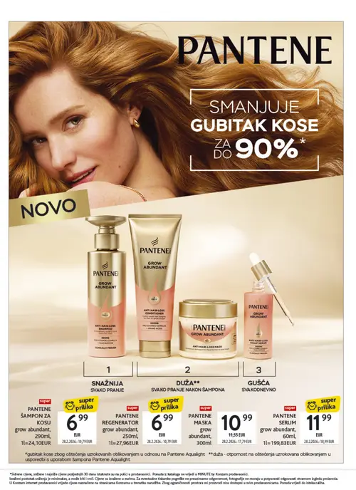 Konzum katalog — stranica 20: PANTENE MASKA grow abundant, 300ml, PANTENE SERUM grow abundant, 60ml, PANTENE REGENERATOR grow abundant, 250ml, PANTENE ŠAMPON ZA KOSU grow abundant, 290ml (vrijedi 21. 09. 2026.–04. 10. 2026.)