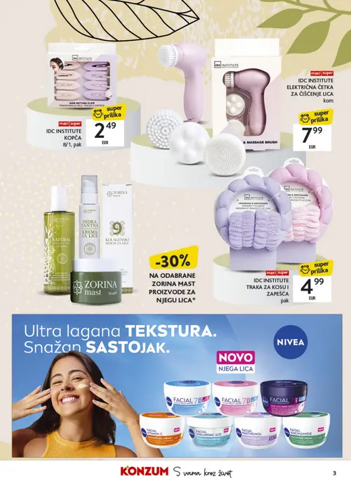 Konzum katalog — stranica 3: ZORINA mast, ZORINA mast KOLAGENSKI SERUM ZA LICE, ZORINA mast HIDRA TANTNA KREMA ZA LICE, IDC INSTITUTE TRAKA ZA KOSU I ZAPEŠČA (vrijedi 21. 09. 2026.–04. 10. 2026.)