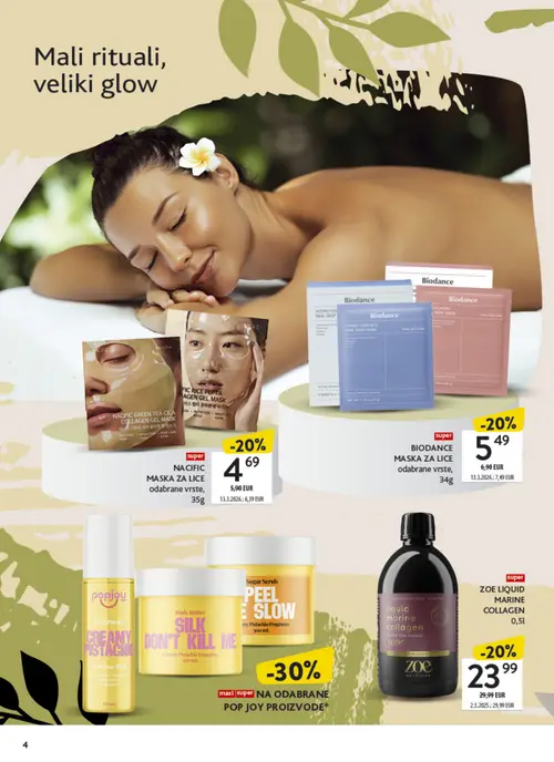 Konzum katalog — stranica 4: BIODANCE MASKA ZA LICE odabrane vrste, NACIFIC MASKA ZA LICE odabrane vrste, ZOE LIQUID MARINE COLLAGEN (vrijedi 21. 09. 2026.–04. 10. 2026.)