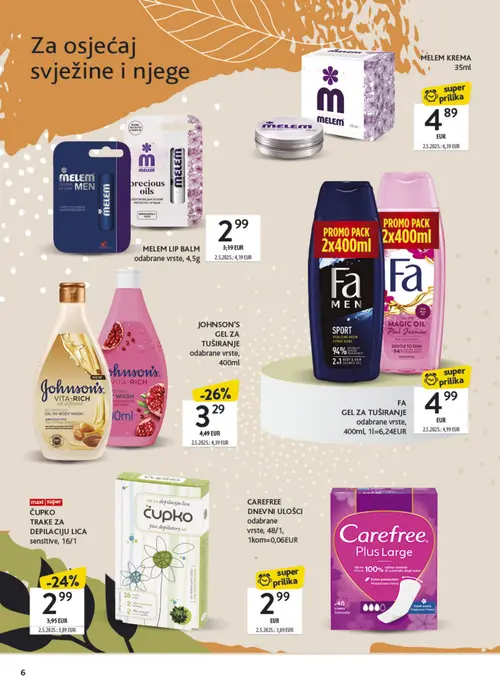 Konzum katalog — stranica 6: MELEM LIP BALM odabrane vrste, 4,5g, JOHNSON'S GEL ZA TUŠIRANJE odabrane vrste, 400ml, MELEM KREMA 35ml, ČUPKO TRAKE ZA DEPILACIJU LICA sensitive, 16/1 (vrijedi 21. 09. 2026.–04. 10. 2026.)