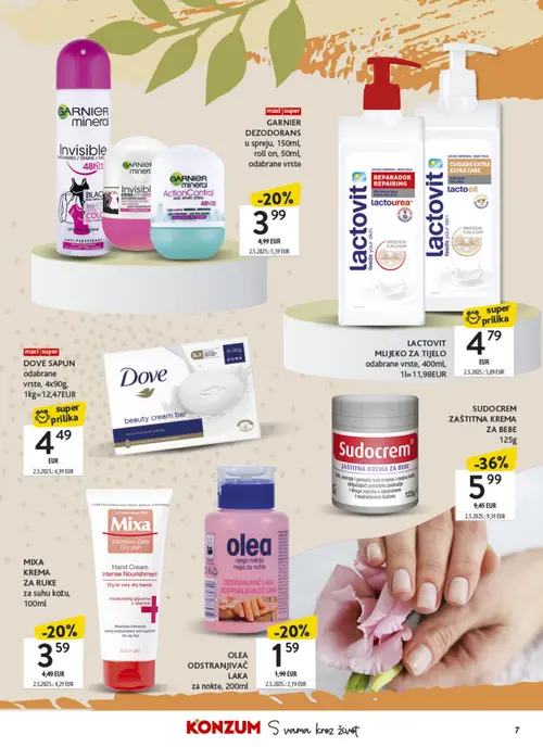 Konzum katalog — stranica 7: SUDOCREM ZAŠTITNA KREMA ZA BEBE 125g, DOVE SAPUN odabrane vrste, 4x90g, OLEA ODSTRANJIVAČ LAKA za nokte, 200ml, GARNIER DEZODORANS u spreju, 150ml, roll on, 50ml, odabrane vrste (vrijedi 21. 09. 2026.–04. 10. 2026.)